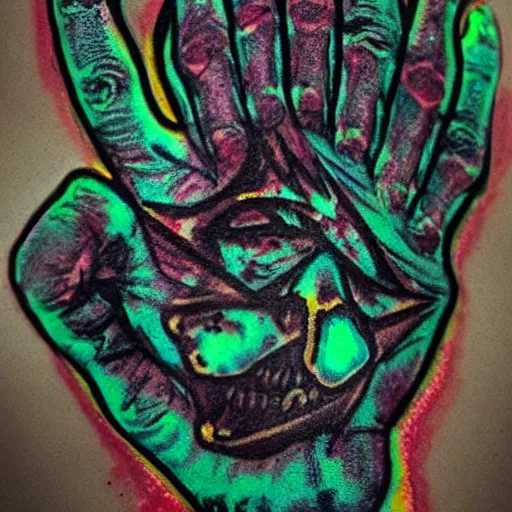 Image similar to the decaying open hand of power with phosphorescent skin and tattoos of glowing magick symbols