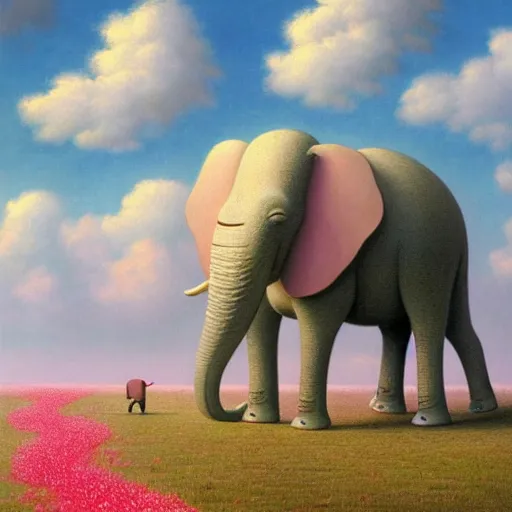 Image similar to A pink elephant happily walking in a field of clouds, illustration, detailed, smooth, by Adolf Lachman, Shaun Tan, Surrealism
