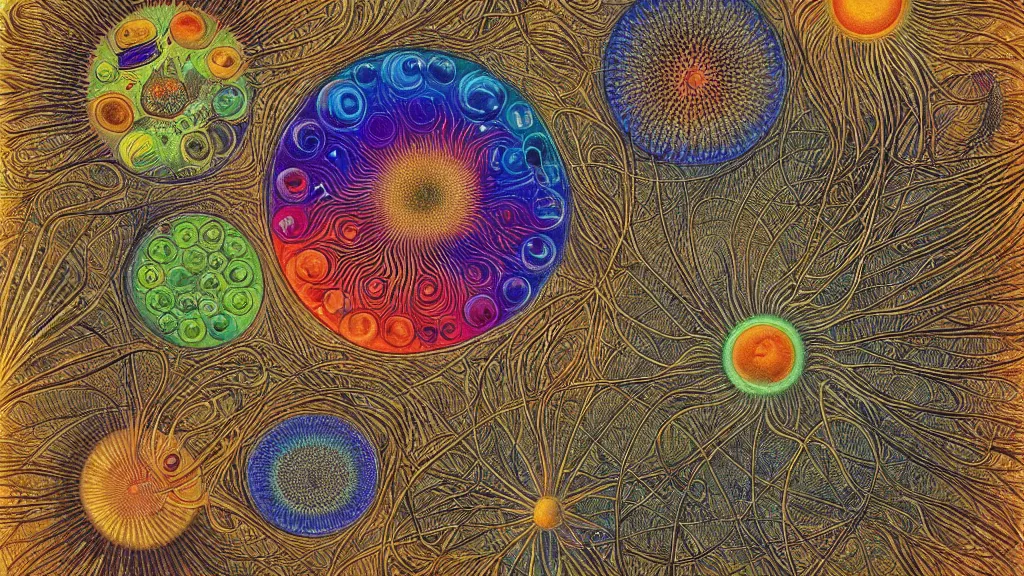 Prompt: quantum connections represented as symbiotic organisms like cells playing around with colorful lights by ernst haeckel, smooth, sharp, dark
