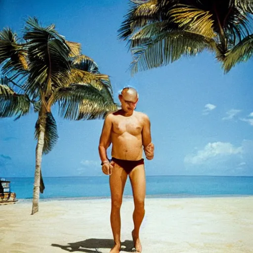 Prompt: Vladmir Putin enjoying the summer in cuba, photo made by Slim Aarons, award winning,