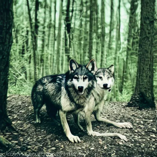 Image similar to werecreature consisting of a wolf and a human, photograph captured in a forest