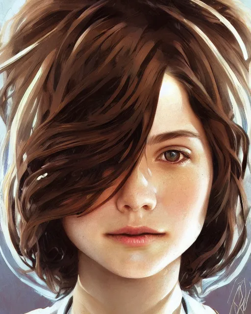 Image similar to symmetry!! portrait of smiling 1 5 - year - old girl with voluminous bushy brown hair, large front teeth, and bright piercing brown eyes, highly detailed, digital painting, artstation, concept art, smooth, sharp focus, illustration, art by artgerm and greg rutkowski and alphonse mucha