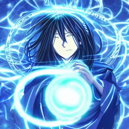 Image similar to a beautiful manga character wizard with free flowing hair holding a staff that has a glowing blue orb at the head of it emanating brilliant blue light, high detail, high resolution