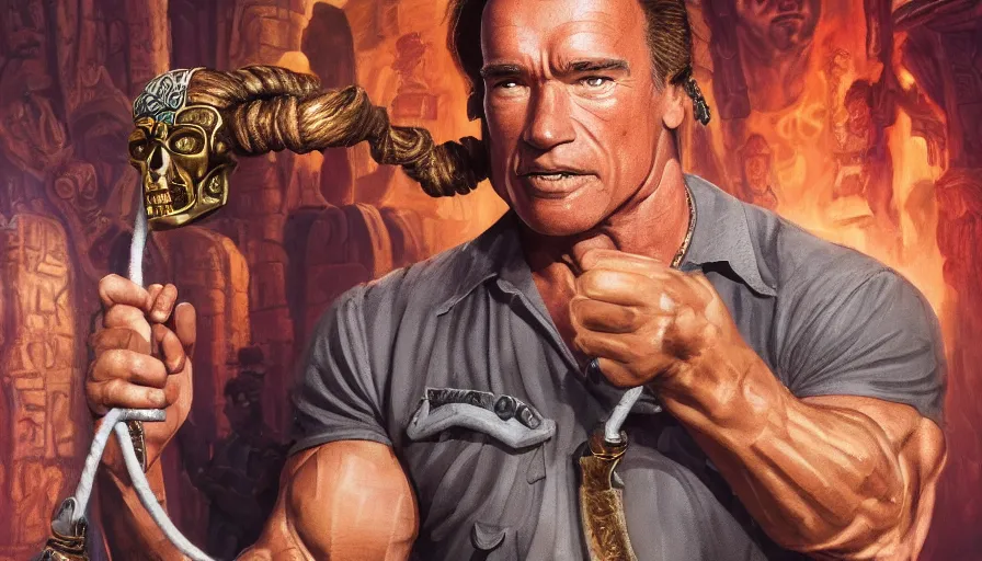 Prompt: arnold schwarzenegger as indiana jones holding a whip in left hand and holding a golden mayan skull in the right hand, grey background, hyperdetailed, artstation, cgsociety, 8 k