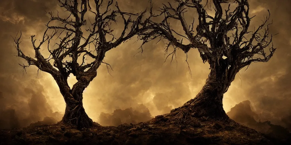 Image similar to a tree that resembles an ogre, closeup, studio lighting, deep colors, apocalyptic setting, dark