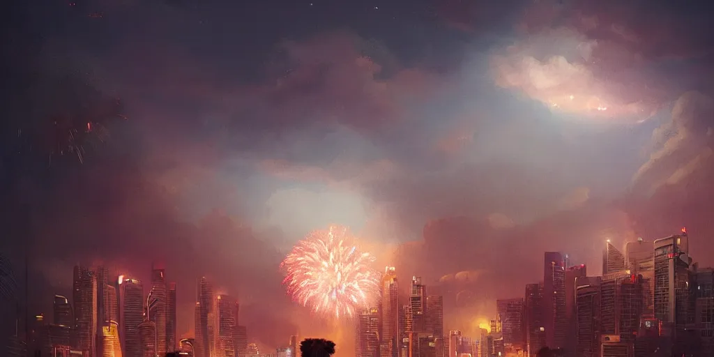 Prompt: Singapore city with a lion-shaped!!!!! cloud in the night sky with fireworks, by greg rutkowski, red and white lighting, digital art, ultra realistic, ultra detailed, photorealistic, 4k, character concept