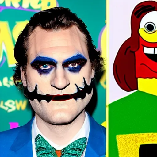 Image similar to spongebob wearing the costume and makeup of the joaquin phoenix joker from the film joker