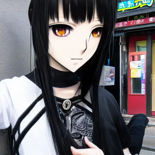 Prompt: 1 7 - year - old anime goth girl, black hair, long bob cut, long bangs, gothic coat, holding, shibuya, blue sunshine, in front of ramen shop, strong lighting, strong shadows, vivid hues, raytracing, sharp details, subsurface scattering, intricate details, hd anime, very - high - budget anime movie, 2 0 2 1 anime