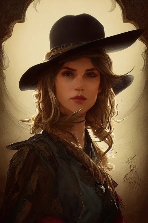 Image similar to portrait of sam eliott, western, gunslinger, duster, fantasy, intricate, elegant, highly detailed, digital painting, artstation, concept art, sharp focus, illustration, art by artgerm and greg rutkowski and alphonse mucha