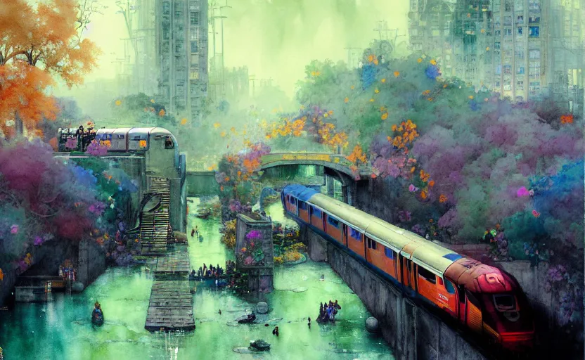 Image similar to an urban train rides inside of a waterway on a fantasy city. intricate, amazing composition, colorful watercolor, by ruan jia, by maxfield parrish, by marc simonetti, by hikari shimoda, by robert hubert, by zhang kechun, illustration, gloomy