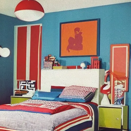 Image similar to 80's style teenage boy bedroom. Retro.