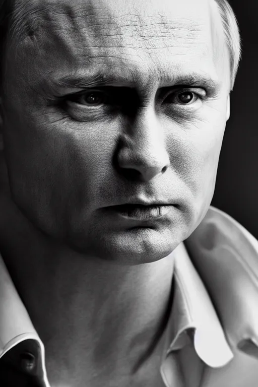 Image similar to close up of Vladimir Putin as the lead singer of an 80's electronic band, cyberpunk style, black and white, 8k, gritty