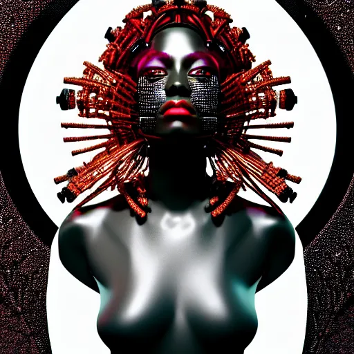 Prompt: portrait of an absurdly beautiful, graceful, sophisticated, fashionable black cyberpunk mechanoid gravure idol, hyperdetailed illustration by irakli nadar, adut akech, matt wisniewski style, intricate linework, dark black skin, jellyfish headdress, crystal ruff, unreal engine 5 highly rendered, global illumination, red light, detailed and intricate environment