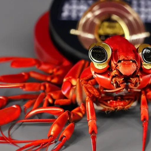 Prompt: red robo crayfish cut the gold medal's ribbon from human neck, 4 k, futuristic