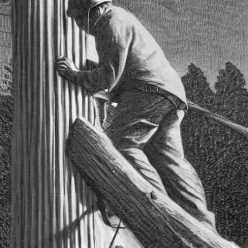 Image similar to A lineman working on a utility pole with a wasp nest on it, painting by Chris Van Allsburg