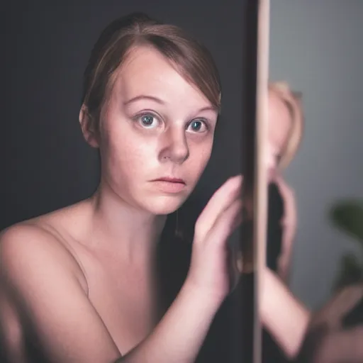 Prompt: realistic photograph of a girl facing the mirror while holding a bathroom sink with both hands in a dark room