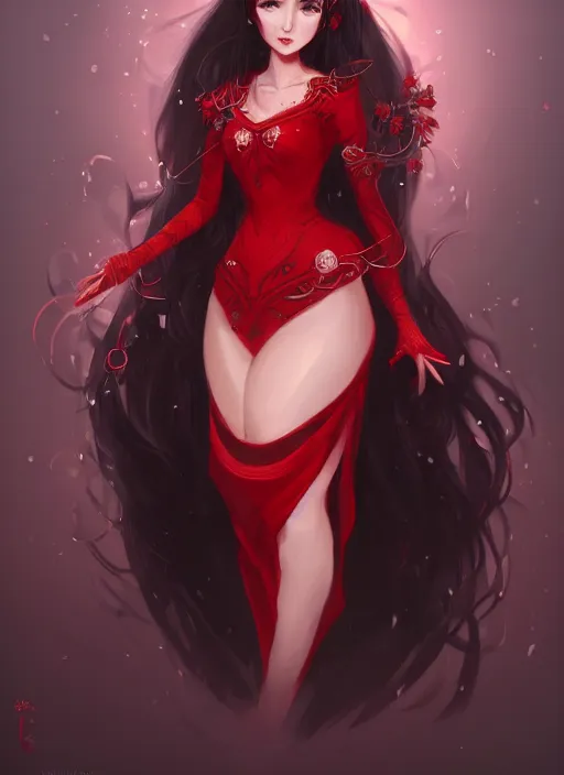 Prompt: a highly detailed illustration of hime cut black long haired woman wearing red dress, elegant smiling pose, perfect face, perfect body, intricate, elegant, highly detailed, centered, digital painting, artstation, concept art, smooth, sharp focus, league of legends concept art, wlop