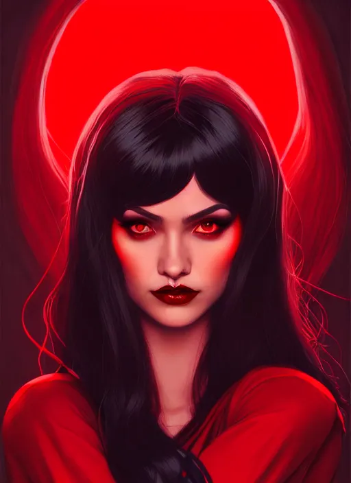 Image similar to portrait of vampire veronica lodge with bangs, vampire fangs, vampire, long hair, red clothes, bangs, vampironica, intricate, elegant, glowing lights, highly detailed, digital painting, artstation, concept art, smooth, sharp focus, illustration, art by wlop, mars ravelo and greg rutkowski