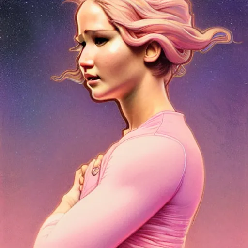 Image similar to Portrait of Jennifer Lawrence in pastel pink spacesuit by artgerm and greg rutkowski and alphonse mucha