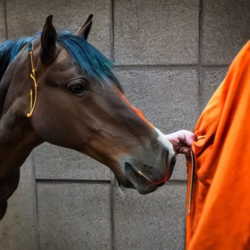 Image similar to horse with orange inmate clothes, in a jail