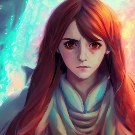 Prompt: anime portrait of Emma Watson as a shaman yedi using dark force to eliminate trump as an anime antagonist by Stanley Artgerm Lau, WLOP, Rossdraws, James Jean, Andrei Riabovitchev, Marc Simonetti, and Sakimichan, trending on artstation