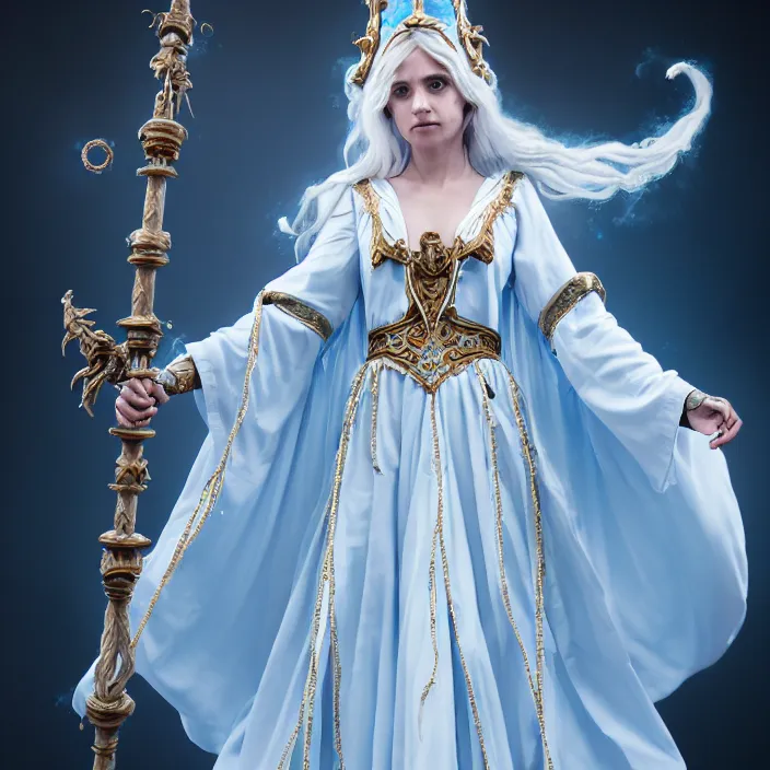 Prompt: photograph of a real-life beautiful sky witch with ornate white and light blue robes and staff. Extremely detailed. 8k