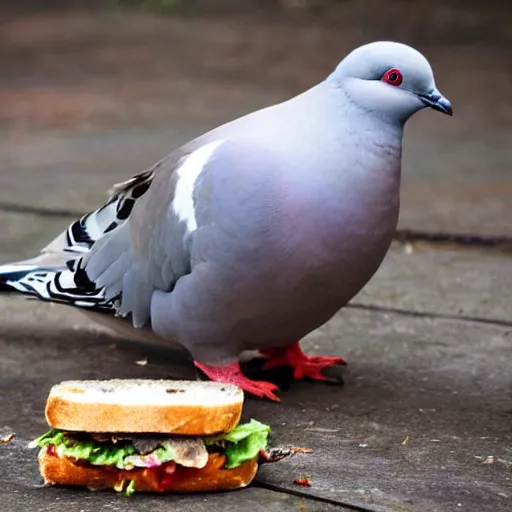 Image similar to a pigeon eating a sandwich, wildlife photography, pigeon bird