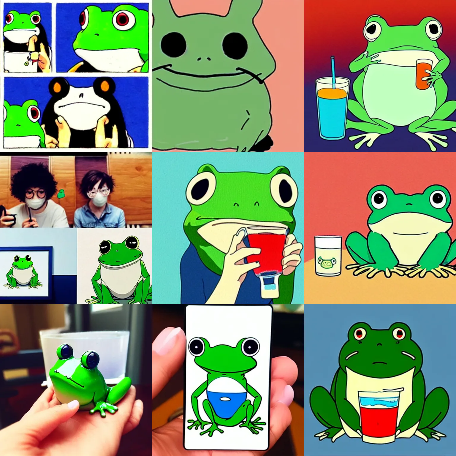 Prompt: studio ghibli frog, glasses, drinking a juice box, trending on instagram