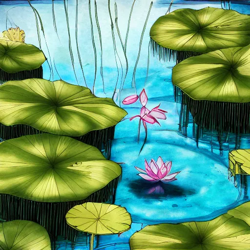 Prompt: lotus in the pool, ink painting, unreal engine