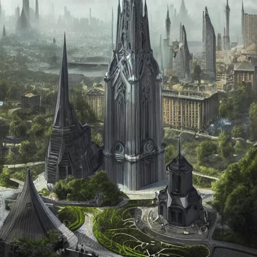 Image similar to an ultra detailed matte painting of the one impossibly tall ominous black spire in the palace district on an island in a river elevated high above the city fortress tower, fantasy capital city, ultrawide lense, aerial photography, volumetric lighting, exquisite detail, octane render, 8 k postprocessing, art by artgerm and greg rutkowski and alphonse mucha