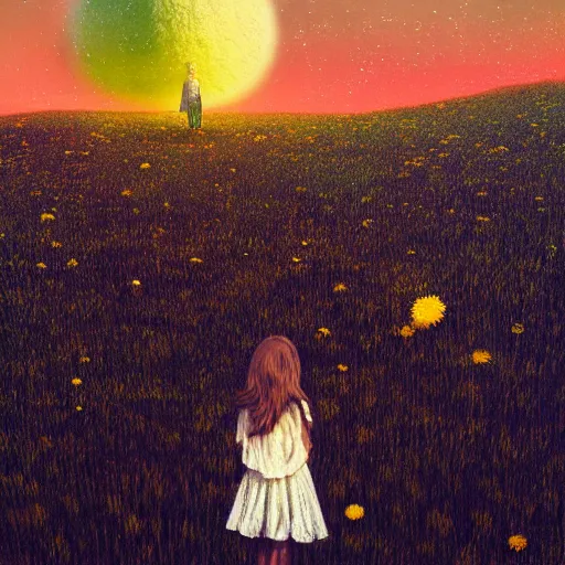 Prompt: giant daisy flowers as a head, girl walking in wheat field, hills, surreal photography, moon light, dark night, star trails, dramatic light, impressionist painting, clouds, digital painting, artstation, simon stalenhag