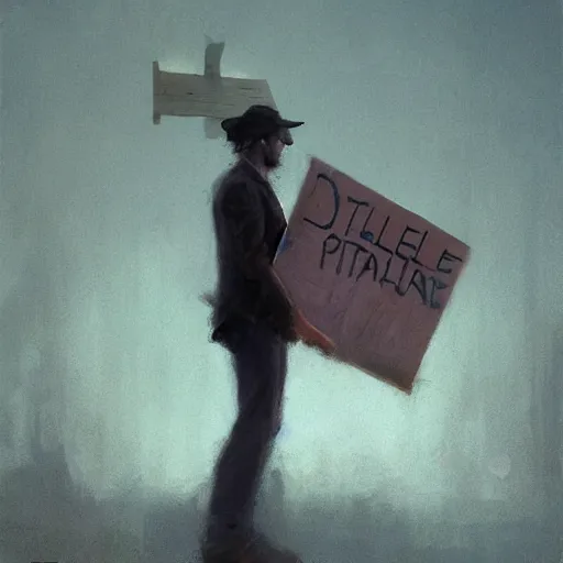 Prompt: a man holding up a sign that says stable diffusion, dreamlike, pastel art by greg rutkowski