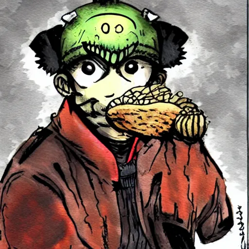 Image similar to en from dorohedoro eating a mushroom