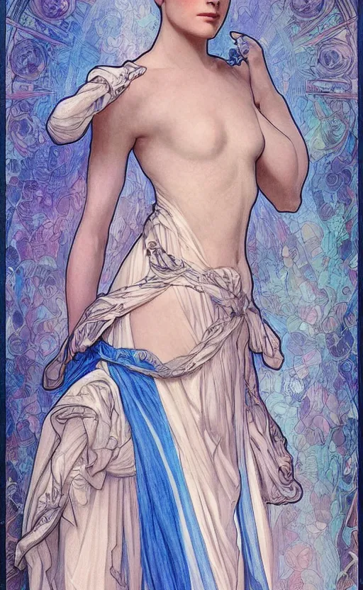 Prompt: delores ( evan rachel wood ) from westworld in blue dress as a goddess in alfons mucha style, highly detailed, pastel colors, smooth lines ， artgerm, artstation