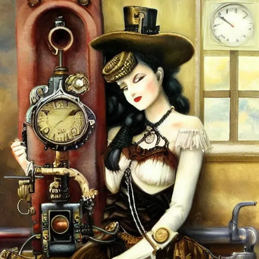 Prompt: steampunk beauty with her mechanical cat is travelling on a train, oil painting,