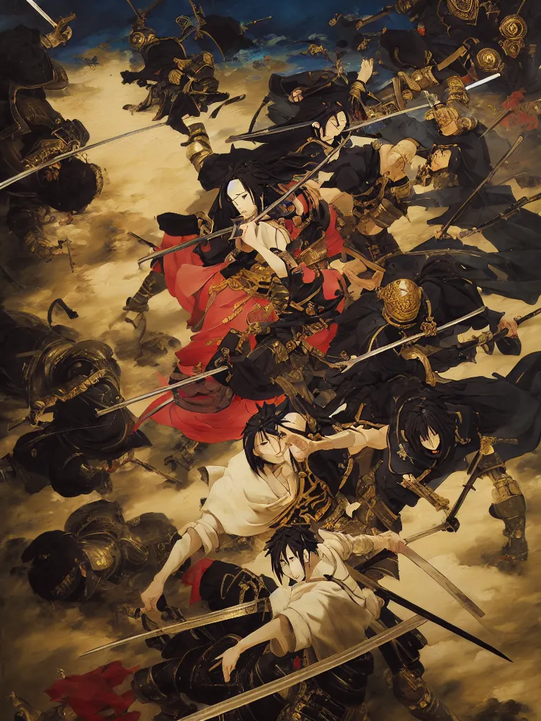 Image similar to baroque oil painting of key visual samurai battle, japanese armor, brutalist fantasy, realism, rule of thirds golden ratio, fake detail, trending pixiv fanbox, acrylic palette knife, style of makoto shinkai ghibli takashi takeuchi yoshiyuki sadamoto jamie wyeth james gilleard greg rutkowski chiho aoshima