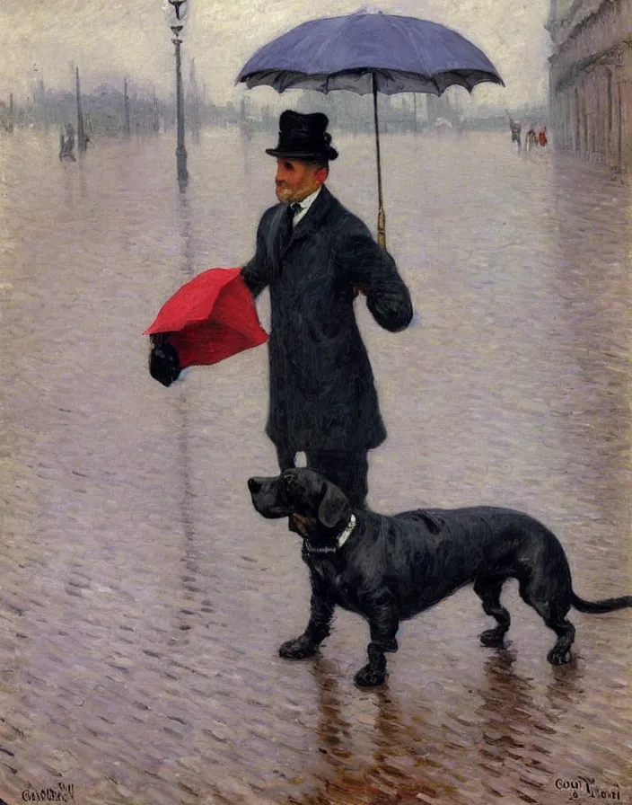 Image similar to Dachshund in rainy weather in Paris, oil painting by Gustave Caillebotte