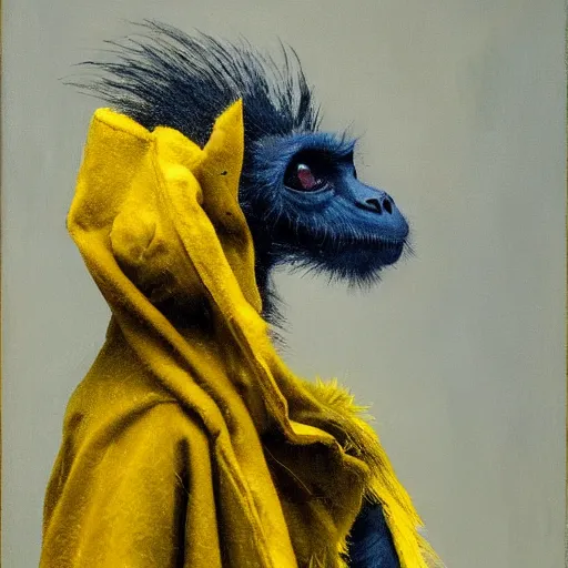 Image similar to long - eared monkey - crow creature wearing a raincoat, tonalist painting, prussian blue and azo yellow, dramatic lighting