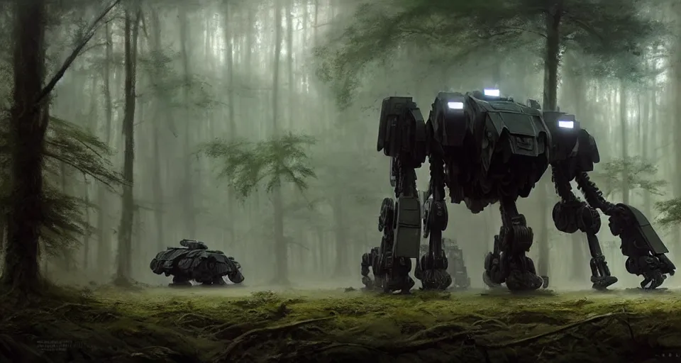 Image similar to hyper realistic sci - fi matte concept art painting of giant battlemech walking through a forest, beautiful details, strong composition painted by kim jung guweta studio rutkowski, james gurney and greg rutkowski, and lucasfilm, smooth, intricate, detailed, sharp focus, cinematic