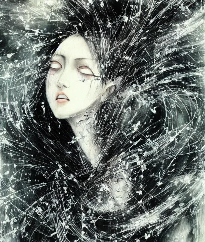 Image similar to Yoshitaka Amano realistic illustration of an anime girl with white hair and cracks on her face wearing dress suit with tie fluttering in the wind, abstract black and white patterns on the background, noisy film grain effect, highly detailed, Renaissance oil painting, weird portrait angle