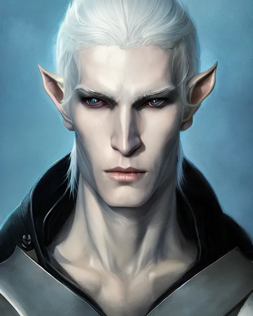 Prompt: character portrait of a slender young half white haired elven man with piercing blue eyes and pale bluish skin, wearing sleek pearlescent black wraithbone armor, by greg rutkowski and mark brookes and jim burns and tom bagshaw and magali villeneuve, trending on artstation
