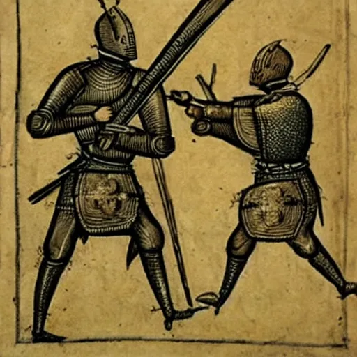 Image similar to medieval drawing of a Knight in battle with AK-47