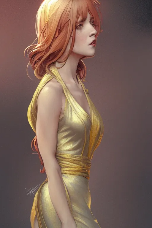 Image similar to a girl wearing a golden dress, grey hair, red necktie, cinematic, stunning, highly detailed, digital painting, artstation, smooth, hard focus, full body shot, illustration, art by artgerm and greg rutkowski and alphonse mucha