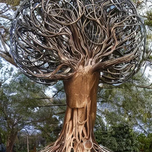 Image similar to a human man statue encased by a cosmic tree, a sense of awe, amazement, monogon, plasma display, wooden, silver, mercury, damascus, armature wire, multiscopy, morph, in a symbolic and meaningful style, insanely detailed and intricate, hypermaximalist, elegant, ornate, hyper realistic, super detailed,