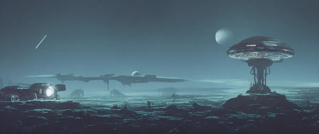 Image similar to illustration, a single scouting spaceship, deep space exploration, the expanse tv series, industrial design, space travel, intergalactic, atmospheric, cinematic lighting, 4k, greebles, widescreen, wide angle, beksinski, sharp and blocky shapes, simon stalenhag palette