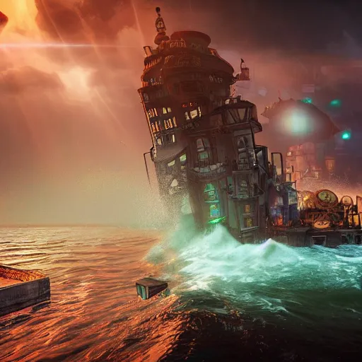 Prompt: a steampunk city in teh middle of the sea, with huge wave crashing, heavy storm, lens flare photo real, artstaion trends, cinematic render, Detailed, colorful