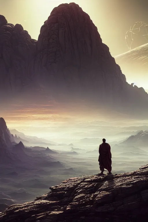 Prompt: a monk looking out at a vast sci - fi dystopian valley landscape at sunrise on an alien planet, alien planet landscape, alien architecture, cosmic, nebula highly detailed, vivid color, cinematic lighting, perfect composition, 8 k, h. r giger, derek zabrocki, greg rutkowski, sangyeob park, maxfield parrish, octane render