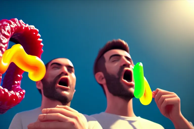 Image similar to two men eating a big gummy worm, rtx, sunlight, many details, octane render, high quality, 8 k