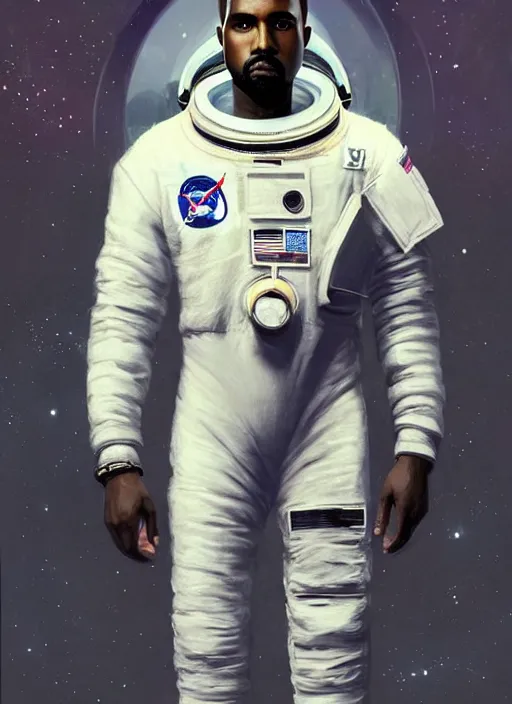 Prompt: pinted full body portrait of kanye west as an astronaut by greg rutkowski, he is about 3 0 years old, short blond hair, athletic and strong, straight jaw, wearing futuristic space gear, highly detailed portrait, digital painting, artstation, concept art, smooth, sharp foccus ilustration, artstation hq.