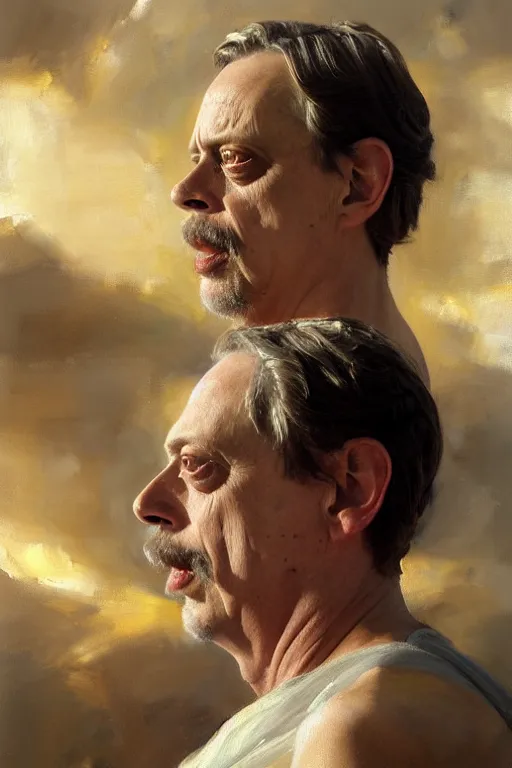 Image similar to beautiful oil painting portrait of ancient roman god emperor steve buscemi wearing the civic crown levitating and ascending religious pose, ascension, art by anders zorn, wonderful masterpiece by greg rutkowski, expressive brush strokes, beautiful cinematic light, american romanticism by greg manchess, jessica rossier